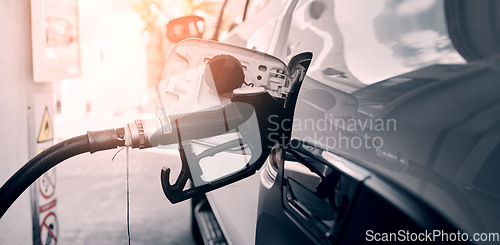 Image of Car at gas station with pump, fuel and transport cost for energy, drive and quality petrol service. Travel, gasoline and motor vehicle maintenance at garage to refuel tank with diesel for road trip.