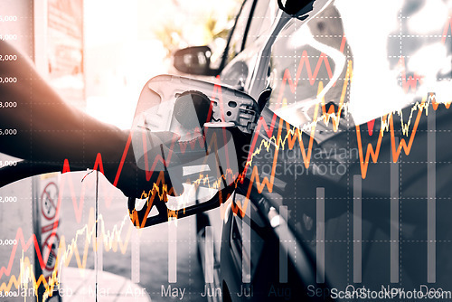Image of Car at gas station with pump, graph and increase in cost for energy, drive and quality petrol service. Travel, gasoline price chart and motor vehicle at garage to refuel tank with diesel on road trip