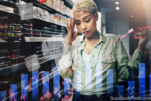 Image of Woman, grocery shopping and inflation stress, price increase and headache for budget risk, fail or crisis by shelf. African customer in convenience store or supermarket, food cost and charts overlay