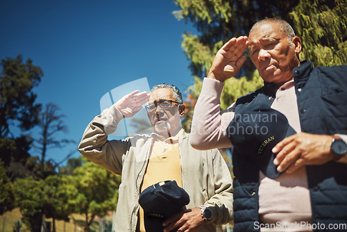 Image of Salute, war veteran and men at cemetery to pay respect to fallen soldier outdoor at memorial service. Military, senior friends or salutation of army people for grief, support or empathy in retirement