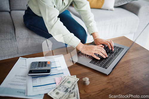 Image of Computer, money and calculator with hands for home budget, financial planning and salary, rent cost or online loan. Person typing on laptop and sofa with cash and documents for mortgage and bills