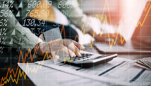 Image of Overlay, calculator or hands with a laptop, document or stock market info for budget planning. Home, inflation charts or person with paperwork or pc to review financial profile with taxes in economy