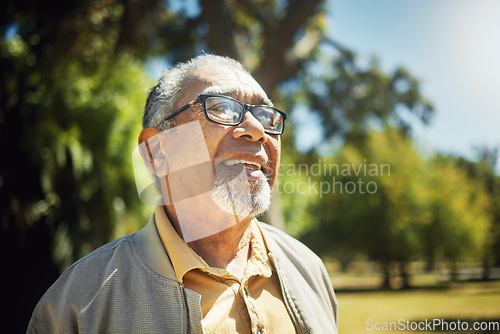 Image of Happy, thinking and senior man in park, nature and outdoor adventure in retirement, holiday or vacation in sunshine. Elderly person, happiness and smile in summer, forest or woods with wellness