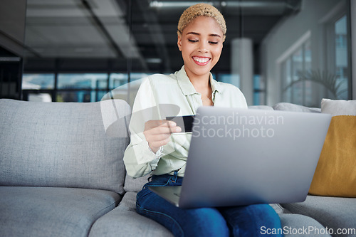 Image of Woman, laptop and credit card with online shopping and happy about discount on store website, payment and fintech. Finance, e commerce and internet banking success with customer experience at home