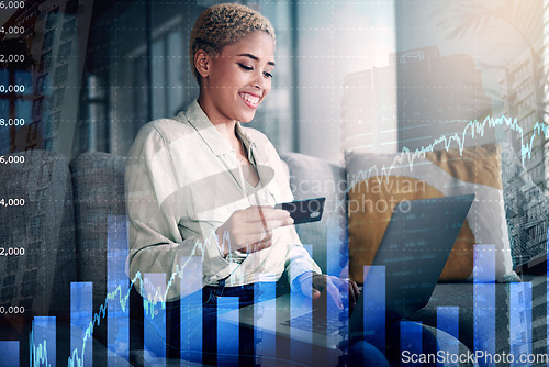 Image of Woman, laptop and home trading with credit card for stock market investment, graph overlay and finance or sales. African trader or entrepreneur on computer and sofa for banking with finance increase