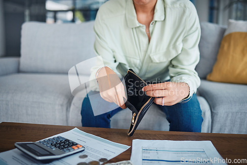 Image of Empty wallet, money or hands with a calculator, loan documents or purse for budget planning. Broke, inflation closeup or person with paperwork to check financial info with taxes in economy at home