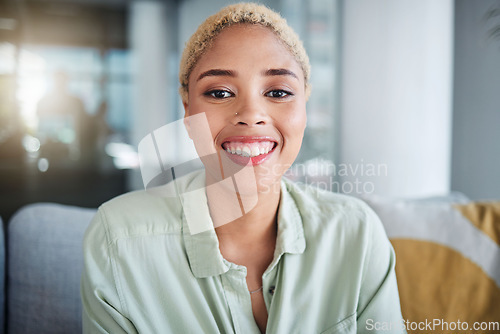 Image of Happy woman, relax or portrait in home of freelancer with a smile on a living room couch on break. Face, calm or female person in an apartment resting after remote work on a lounge sofa with peace