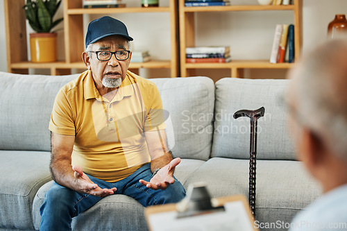 Image of Doctor, consultation and senior man on sofa in therapy with walking stick or counselling discussion with psychology checklist. Elderly patent, talking or therapist for anxiety or mental health stress