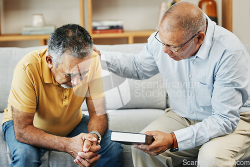 Image of Men, home and bible with prayer for faith, jesus and worship, pastor and church with counselling. Elderly men, diversity and spiritual guidance for grief with loss and depression with hope in god