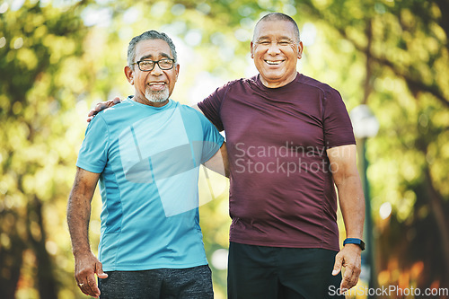 Image of Mature men, friends or workout together in park, hug or smile for wellness, exercise or cardio health. Happiness, sportswear and strong for fitness, sport and train for retirement, strength or energy