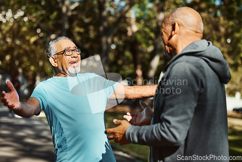 Image of Smile, senior friends and hug at park outdoor, care and bonding together in meeting. Happy elderly men embrace in nature, reunion of connection and excited people greeting in garden for retirement