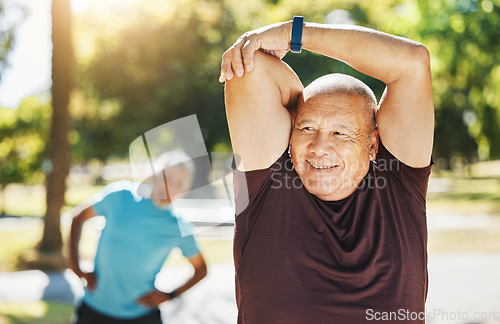 Image of Happy senior man, stretching and fitness in park for running, exercise or outdoor training in nature. Mature male person in body warm up, arm stretch or preparation for cardio workout or wellness