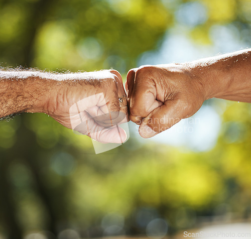 Image of Man, friends and fist bump in nature for motivation, teamwork or support in trust or unity. Closeup of people touching hands for partnership, friendship or team greeting in deal or agreement at park