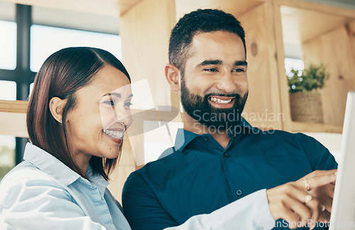 Image of Business partners, office and tablet with smile, company stats and profit for digital , website or startup. Colleagues, project planning and collaboration for strategy, workplace and teamwork success