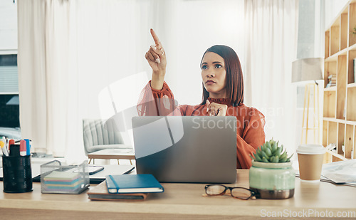 Image of Pointing, invisible screen and business woman in office for user interface, 3d hologram and ux mockup. Futuristic, corporate and person at desk with hands for research, online website or digital tech