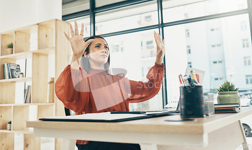 Image of Computer, invisible screen and business woman in office for user interface, 3d hologram and ux mockup. Futuristic, corporate and person at desk with hands for research, online website or digital tech