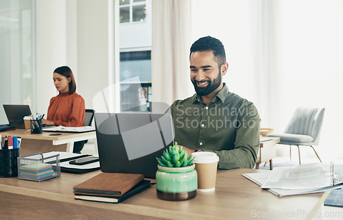 Image of Businessman, smile and reading on laptop in office, email or planning a proposal. Happy worker, sitting and working on review or analyzing on computer, typing and insight for report and strategy