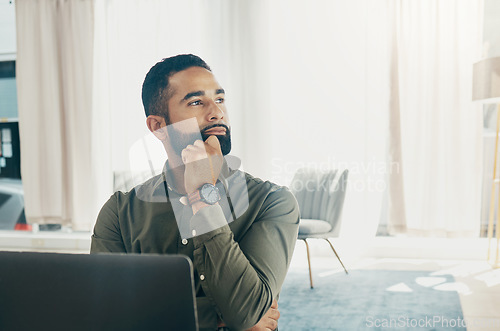 Image of Business, thinking and man with a laptop, problem solving and decision with a startup, creativity and planning. Person, employee and entrepreneur with a pc, solution and choice with a project or idea