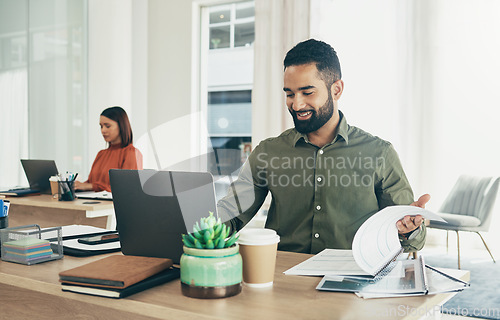 Image of Business man, documents and computer for audit, finance report and company revenue or budget planning in startup office. Professional worker with accounting documents, laptop and taxes or bookkeeping