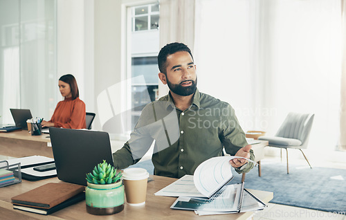 Image of Business, thinking and man with a laptop, documents and problem solving with brainstorming, decision and planning. Person, employee and entrepreneur with a pc, creative and project with paperwork