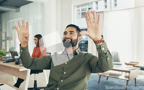 Image of Working, invisible screen and hands of man in office for futuristic programming, technology or ux or code. Virtual, hologram or businessman with 3d, ui or vr dashboard in workplace for ai innovation