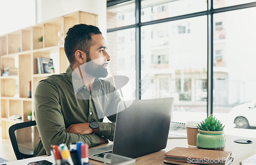 Image of Business man, thinking and ideas on laptop for office startup, graphic design inspiration and planning. Professional online designer with vision or goals on computer for creative proposal or project