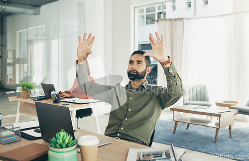 Image of Invisible screen, office and a businessman at a desk for a hologram or virtual technology. Thinking, planning and a corporate employee with a hand gesture for research, connection or analytics