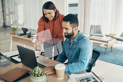 Image of Business people, manager and advice on laptop for office planning, human resources collaboration or management. Professional HR woman and man on computer for employee feedback, teamwork and support