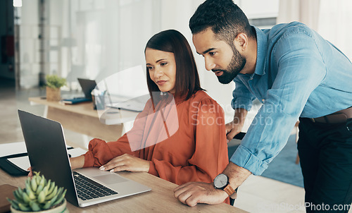 Image of Business people, teamwork and advice on computer for office planning, project proposal and startup advice in marketing. Professional woman, manager or employees reading on laptop for website research