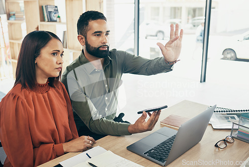 Image of Team, invisible screen and business people on digital ui, futuristic and phone in startup office. Hands, man and woman press virtual touchscreen at desk on ux tech online, click app and collaboration