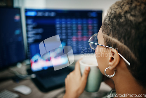 Image of Woman, stock market analysis and computer screen for coffee, stats or numbers in night at office. Trader, monitor and reading with drink for financial review, economy or crypto for fintech data on pc