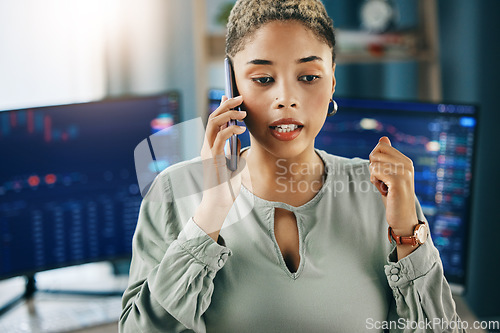 Image of Business woman, phone call and stock market on computer screen with talk, stats and numbers in office. Trader, chat and smartphone with financial review, analysis or crypto with question on investing