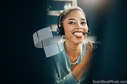 Image of Happy customer service, computer and professional woman consulting for advisory, telecom or telemarketing sales pitch. Call center, lead generation or consultant smile for online support consultation