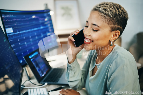 Image of Woman, computer and statistics in office with smile for finance data, stock market growth or trading. Female, phone call and laptop for investment or online future saving business, economy or happy
