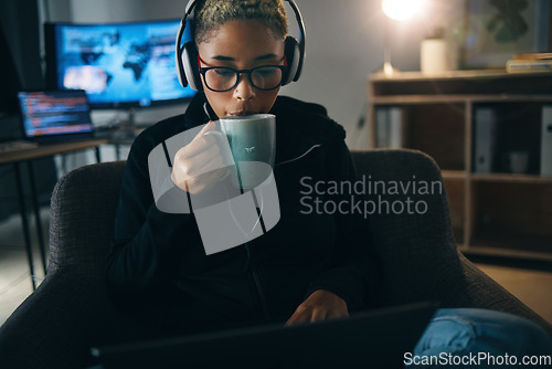 Image of Hacker woman, coffee and night on laptop, thinking and ideas for cybersecurity, data phishing and ransomware. Programmer, dark room and sofa to drink matcha for it scam, software and coding research