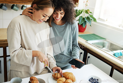 Image of Lgbt, couple and cooking breakfast in kitchen together in morning with nutrition, love and support in home. Lesbian, women or friends with food, juice and preparing healthy diet on counter in house