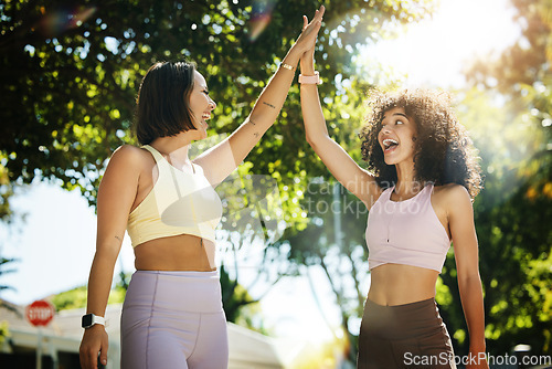 Image of High five, yoga for fitness and woman friends outdoor together for success, support or motivation. Exercise, teamwork and partnership with young people in celebration as a winner for wellness