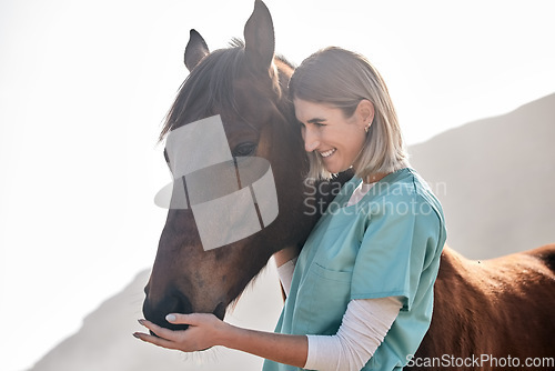 Image of Horse doctor, care and smile outdoor at farm for health, care or happy with love for animal in nature. Vet, woman and equestrian healthcare expert in sunshine, countryside and helping for wellness