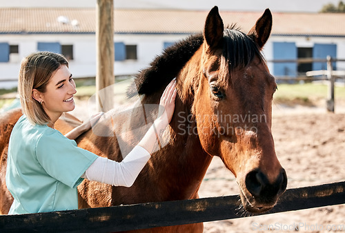 Image of Horse doctor, care and smile at farm for health, care or happy with love for animal in nature. Vet, woman and stroke for equine healthcare expert in sunshine, countryside or help for wellness outdoor