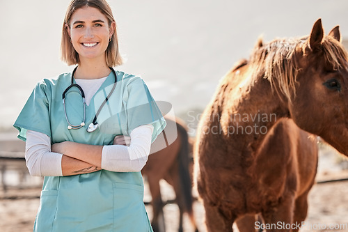 Image of Horse doctor, portrait and woman with smile outdoor at farm for health, care or happy for love, animal or nature. Vet, nurse and equine healthcare expert in sunshine, countryside or help for wellness