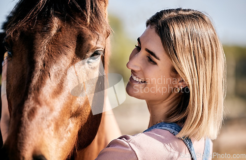 Image of Face, smile for equestrian and a woman with her horse on a ranch for sports training, hobby or recreation. Fitness, stable and a happy young rider with her animal outdoor on a course for practice