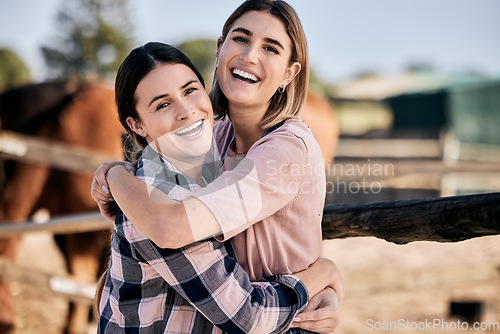 Image of Horse, hug and portrait of women with saddle for animal care, farm pet and embrace on ranch. Farming, countryside and happy people with stallion livestock for bonding, relax and adventure outdoors