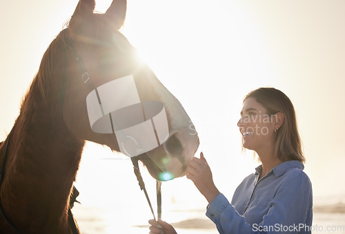 Image of Woman, smile and horse in nature with lens flare for bonding and relax on farm, ranch or countryside. Animal, face and person feeling stallion for freedom, adventure or vacation in summer with care