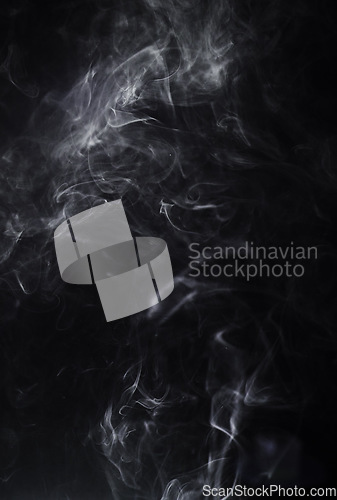 Image of Abstract smoke, black background and mockup space with vapor, creative art and magic effect. Gloomy fog, dry ice or mystical swirl with special effects in studio, gas or smog with white puff by steam