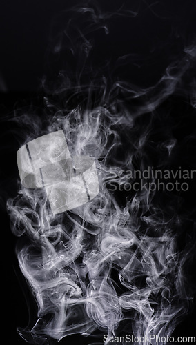 Image of Smoke, black background and steam, fog or gas on mockup space wallpaper. Cloud, smog and magic effect on dark backdrop of mist with abstract texture, pollution pattern and incense vapor moving in air