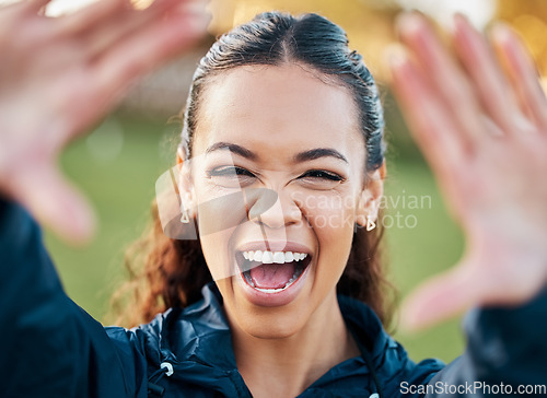 Image of Selfie, face and an excited woman with energy outdoor for freedom or wellness on a blurred background in nature. Portrait, travel and adventure with a happy young person looking positive in summer
