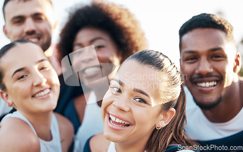 Image of Cheerleader team, group and face of happy people ready for sports competition support, dance or game routine. Cheerleading, profile picture and dancer solidarity, teamwork practice or fitness contest