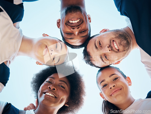 Image of Cheerleader circle, portrait and face of happy team for sports competition support, huddle or group unity. Cheerleading synergy, below view and dancer solidarity, teamwork practice or fitness contest