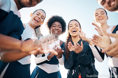 Image of Cheerleader team portrait, applause or people excited for sports competition win, achievement or routine success. Cheerleading support, below view or dancer clap hands, celebrate or winner praise