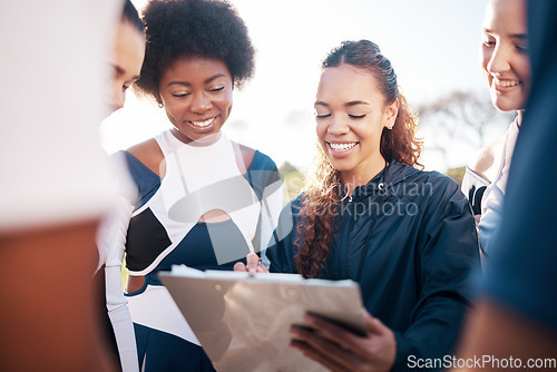 Image of Cheerleader coach, clipboard and happy team listening, attention and planning sports competition strategy. Cheerleading list, group smile and dancer coaching performance, teamwork or game instruction